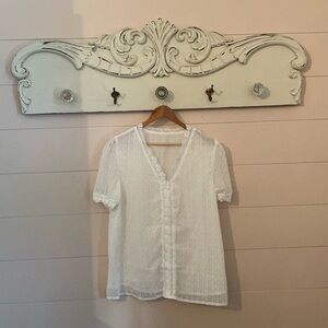 Sheer white lace trim v-neck shirt with dot detail